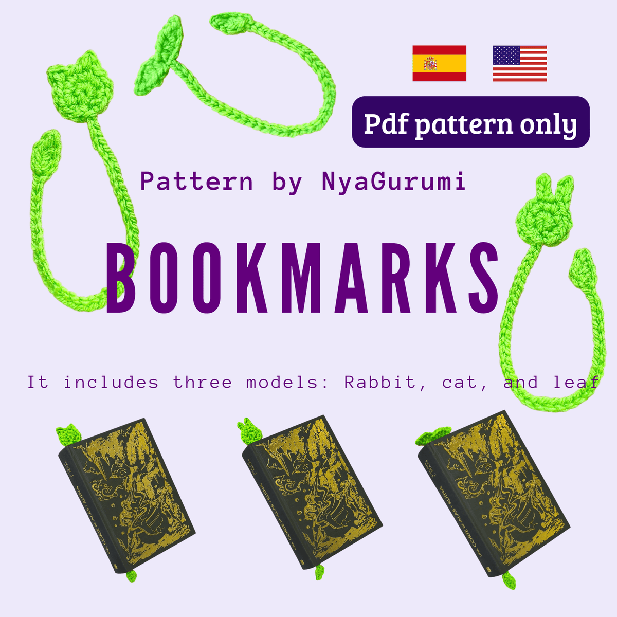 PDF Pattern Crochet Bookmark Set (Leaf, Cat and Bunny) (Spanish / English)